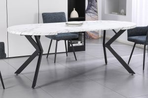 PERO-100 apvalus išskleidžiamas stalas (White Marble Melamine Nr.01)