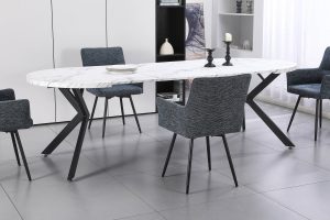 PERO-90 apvalus išskleidžiamas stalas (White Marble Melamine Nr.01)